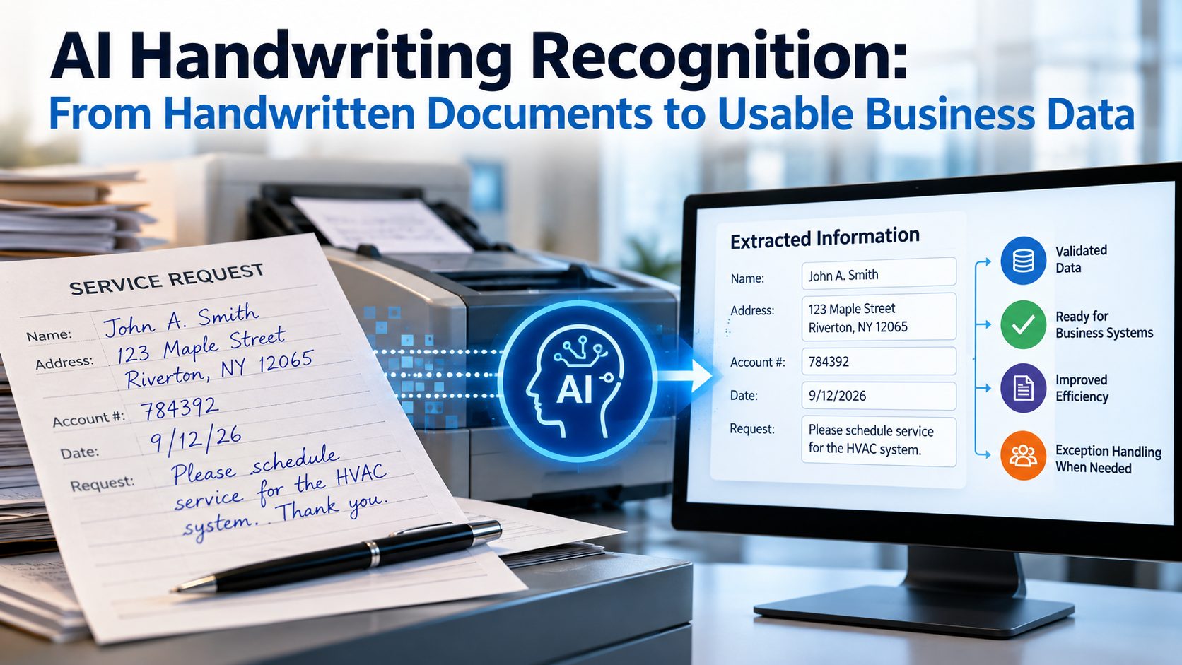 AI handwriting recognition converting a handwritten service request into structured digital information for validation and business processing.