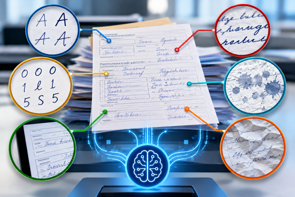 Writing Infographic illustrating handwriting recognition challenges, including different writing styles, cursive handwriting, similar-looking characters, poor image quality, ink marks, and damaged documents.